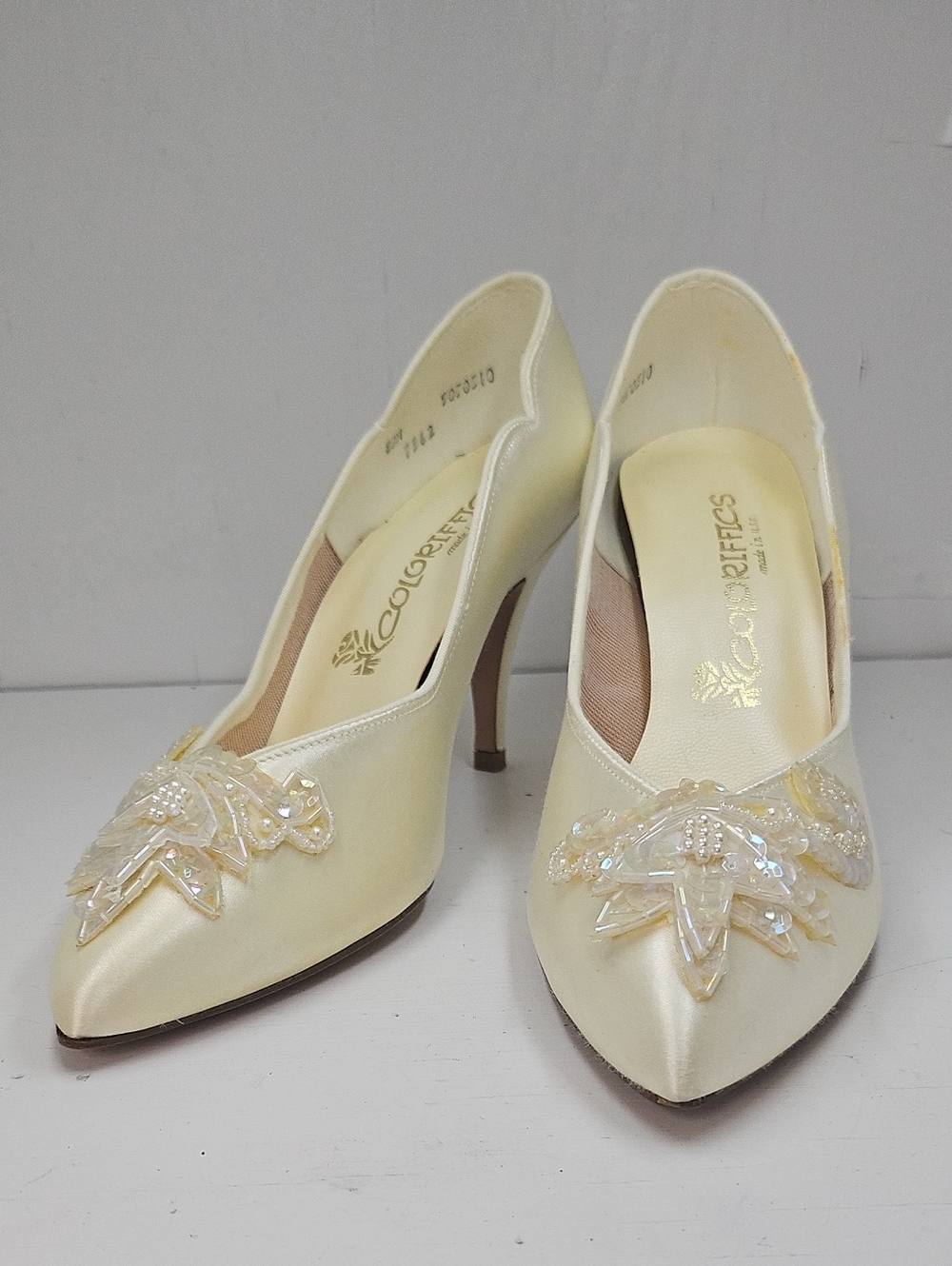 Ivory Satin Pointed-Toe Embellished Heels